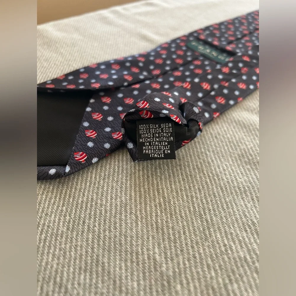 FRANGI 100% Silk Tie Navy Red Fish Print Made in Italy Office Classic